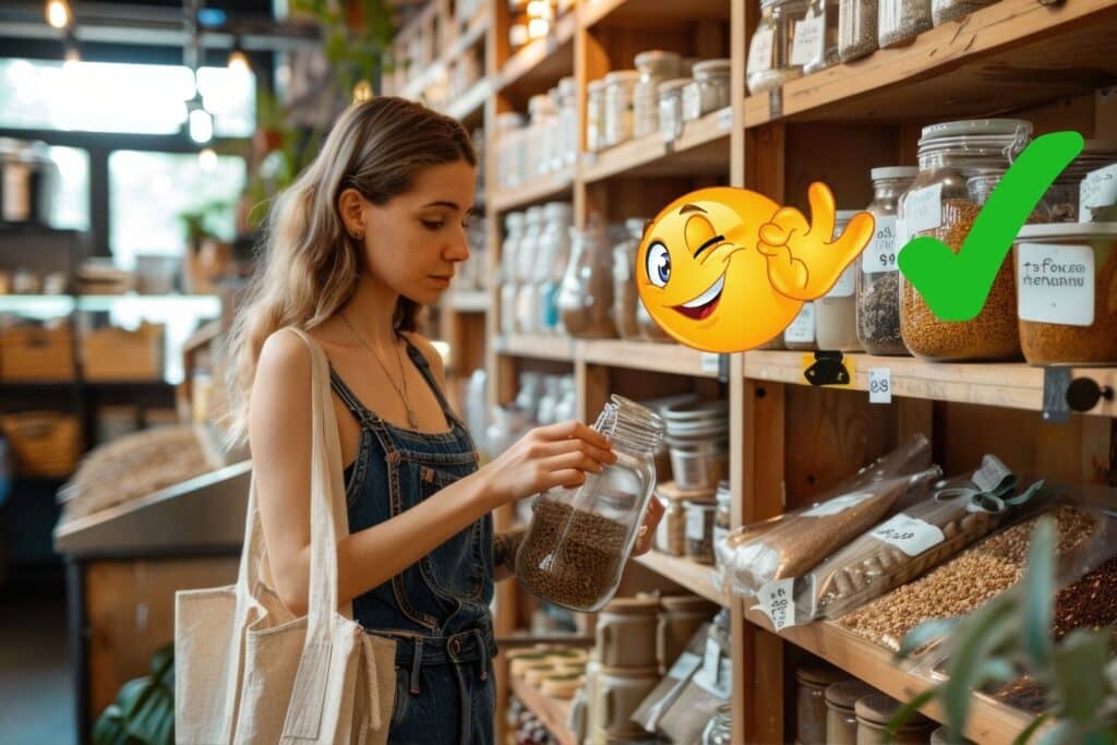 Pour illustrer l'article manger pas cher et sains, une jeune femme est dans un rayon pour acheter en vrac et des bocaux contenant des aliments sont posés sur des étagères