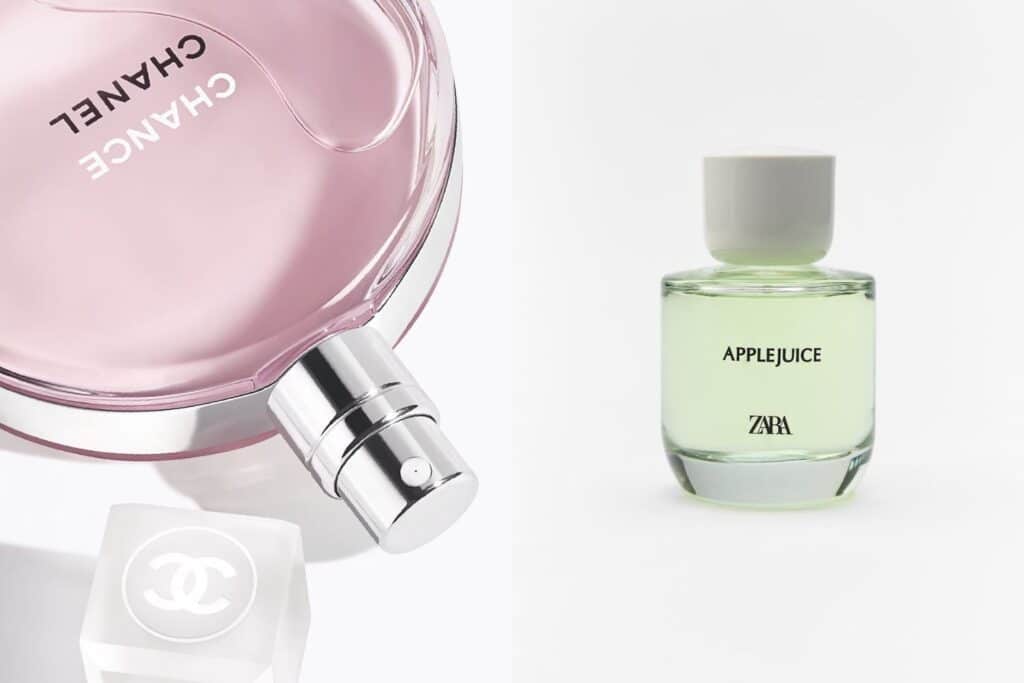 le parfum chance et son dupe zara représentées pour illustrer l'article dupe parfum zara les 5 meilleurs pour petits budgets