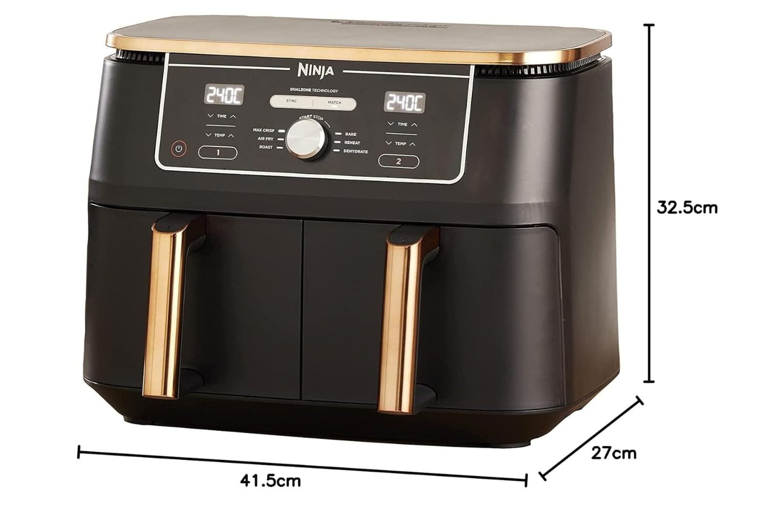 1 Ninja Foodi MAX Dual Zone avec les dimensions pour illustrer l'article Ninja Foodi MAX Dual guide d'achat